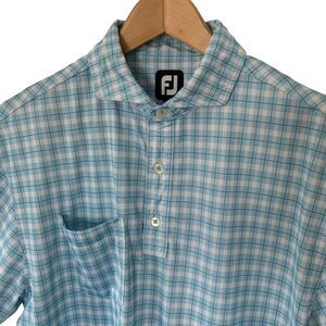 FootJoy FJ Regular Fit Mens Medium Aqua Blue Check Polo Shirt Golf Lightweight